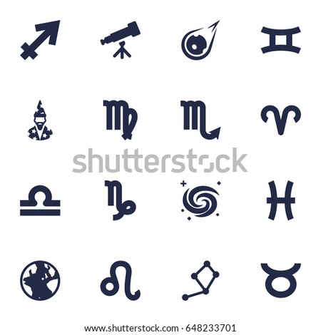 Set Of 16 Astronomy Icons Set.Collection Of Augur, Scales, Ram And Other Elements.