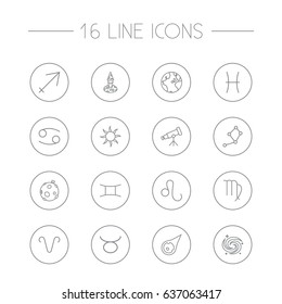 Set Of 16 Astronomy Outline Icons Set.Collection Of Taurus, Constellation, Gemini And Other Elements.