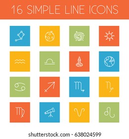 Set Of 16 Astronomy Outline Icons Set.Collection Of Leo, Scorpion, Aries And Other Elements.