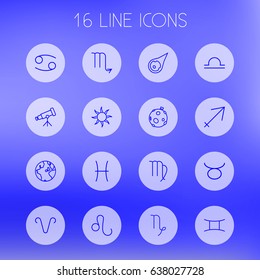 Set Of 16 Astronomy Outline Icons Set.Collection Of Telescope, Cancer, Scorpion And Other Elements.