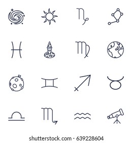 Set Of 16 Astronomy Outline Icons Set.Collection Of Pisces, Globe, Astrologer And Other Elements.