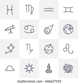 Set Of 16 Astronomy Outline Icons Set.Collection Of Pisces, Asteroid, Leo And Other Elements.