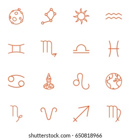 Set Of 16 Astronomy Outline Icons Set.Collection Of Sun, Gemini, Capricorn And Other Elements.