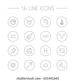Set Of 16 Astronomy Outline Icons Set.Collection Of Aqurius, Libra, Cancer And Other Elements.