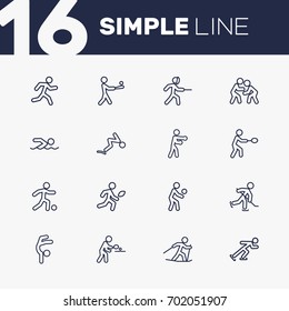Set Of 16 Athletic Outline Icons Set.Collection Of Ski Running, Swimming, American Football And Other Elements.