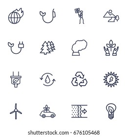 Set Of 16 Atmosphere Outline Icons Set.Collection Of Electricity, Nature, Ecol And Other Elements.