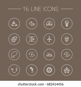 Set Of 16 Atmosphere Outline Icons Set.Collection Of Pollution, Fuel, Water And Other Elements.