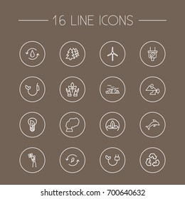 Set Of 16 Atmosphere Outline Icons Set.Collection Of Charge, Water, Dolphin And Other Elements.