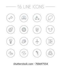 Set Of 16 Atmosphere Outline Icons Set.Collection Of Pollution, Charge, Solar And Other Elements.