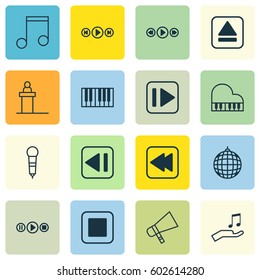 Set Of 16 Audio Icons. Includes Dance Club, Bullhorn, Extract Device And Other Symbols. Beautiful Design Elements.
