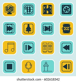 Set Of 16 Audio Icons. Includes Note, Audio Mobile, Rewind Back And Other Symbols. Beautiful Design Elements.