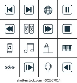 Set Of 16 Audio Icons. Includes Skip Song, Rewind Back, Stop Button And Other Symbols. Beautiful Design Elements.