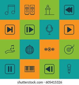 Set Of 16 Audio Icons. Includes Start Song, Following Music, Microphone And Other Symbols. Beautiful Design Elements.