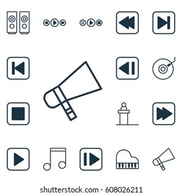 Set Of 16 Audio Icons. Includes Start Song, Note, Bullhorn And Other Symbols. Beautiful Design Elements.