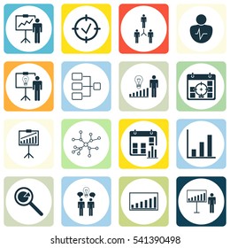 Set Of 16 Authority Icons. Includes Report Demonstration, System Structure, Company Statistics And Other Symbols. Beautiful Design Elements.