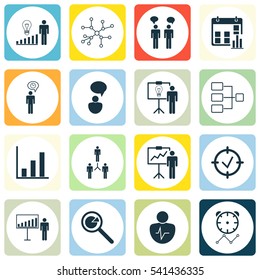 Set Of 16 Authority Icons. Includes Presentation Date, Bar Chart, Solution Demonstration And Other Symbols. Beautiful Design Elements.