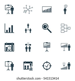 Set Of 16 Authority Icons. Includes Project Analysis, Bar Chart, Group Organization And Other Symbols. Beautiful Design Elements.