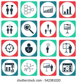 Set Of 16 Authority Icons. Includes Project Targets, Project Presentation, System Structure And Other Symbols. Beautiful Design Elements.