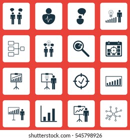 Set Of 16 Authority Icons. Includes Co-Working, Project Targets, Personal Character And Other Symbols. Beautiful Design Elements.
