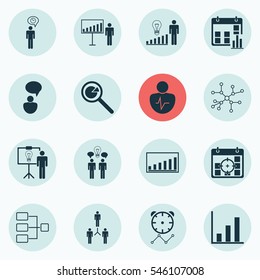 Set Of 16 Authority Icons. Includes Personal Character, Project Analysis, Group Organization And Other Symbols. Beautiful Design Elements.