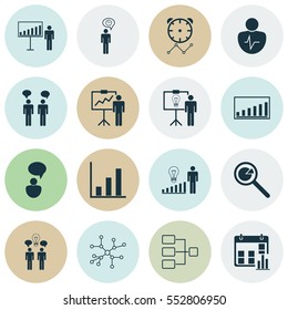 Set Of 16 Authority Icons. Includes System Structure, Company Statistics, Decision Making And Other Symbols. Beautiful Design Elements.