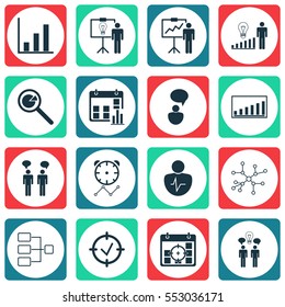 Set Of 16 Authority Icons. Includes System Structure, Solution Demonstration, Project Analysis And Other Symbols. Beautiful Design Elements.