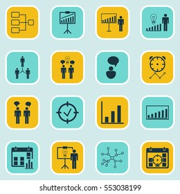 Set Of 16 Authority Icons. Includes Company Statistics, Decision Making, Project Presentation And Other Symbols. Beautiful Design Elements.