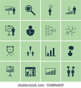 Set Of 16 Authority Icons. Includes Project Analysis, Conversation, Company Statistics And Other Symbols. Beautiful Design Elements.