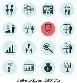 Set Of 16 Authority Icons. Includes Reminder, Group Organization, Company Statistics And Other Symbols. Beautiful Design Elements.