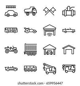 Set of 16 auto outline icons such as airport bus, garage, toy car, car wash
