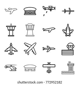 Set of 16 aviation outline icons such as airport tower, airport, plane, helicopter