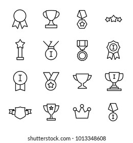 Set of 16 award thin line icons. High quality pictograms of achievement. Modern outline style icons collection. Prize, success, badge, cup, etc.