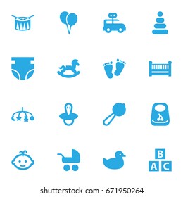 Set Of 16 Baby Icons Set.Collection Of Teat, Maraca, Pram And Other Elements.