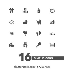 Set Of 16 Baby Icons Set.Collection Of Bus, Smock, Trace And Other Elements.