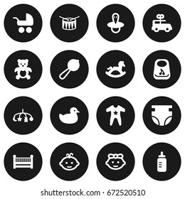 Set Of 16 Baby Icons Set.Collection Of Duck, Barrel, Bus And Other Elements.