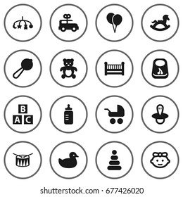 Set Of 16 Baby Icons Set.Collection Of Cot, Toy, Teat And Other Elements.