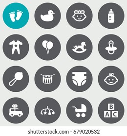 Set Of 16 Baby Icons Set.Collection Of Nappy, Bus, Abc Block And Other Elements.