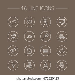 Set Of 16 Baby Outline Icons Set.Collection Of Toys, Baby, Balloon And Other Elements.