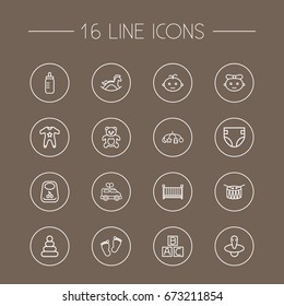 Set Of 16 Baby Outline Icons Set.Collection Of Crib, Clockwork Car, Baby And Other Elements.