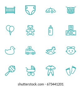 Set Of 16 Baby Outline Icons Set.Collection Of Teddy, Diaper, Bottle And Other Elements.