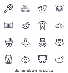 Set Of 16 Baby Outline Icons Set.Collection Of Teddy, Drum, Smock And Other Elements.
