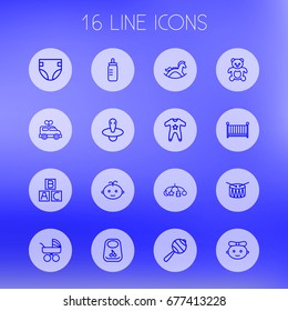 Set Of 16 Baby Outline Icons Set.Collection Of Bib, Toys, Rocking Horse And Other Elements.