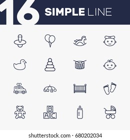 Set Of 16 Baby Outline Icons Set.Collection Of Teddy, Toys, Baby And Other Elements.
