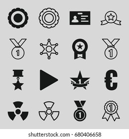 set of 16 badge filled and outline icons such as badge, play, medal, 1st place star, radiation, award, medal with star, sheriff, euro