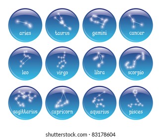 set of 16 badges with zodiac symbols