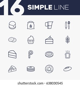 Set Of 16 Bakery Outline Icons Set.Collection Of Candy Cane, Cookie, Apple Pie Elements.