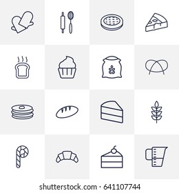 Set Of 16 Bakery Outline Icons Set.Collection Of Croissant, Gloves, Bread And Other Elements.