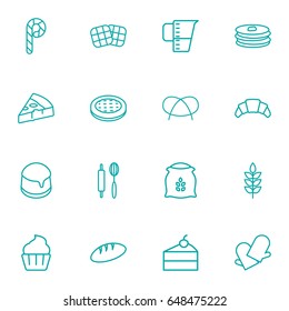 Set Of 16 Bakery Outline Icons Set.Collection Of Waffle, Pretzel, Cupcake And Other Elements.
