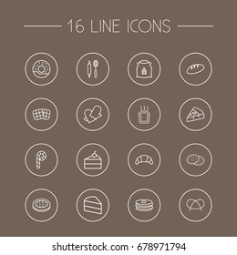 Set Of 16 Bakery Outline Icons Set.Collection Of Apple Pie, Cookie, Cheesecake And Other Elements.