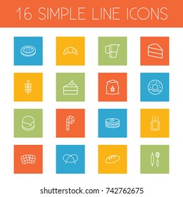 Set Of 16 Bakery Outline Icons Set. Collection Of Pretzel, Candy Cane, Waffle Elements.